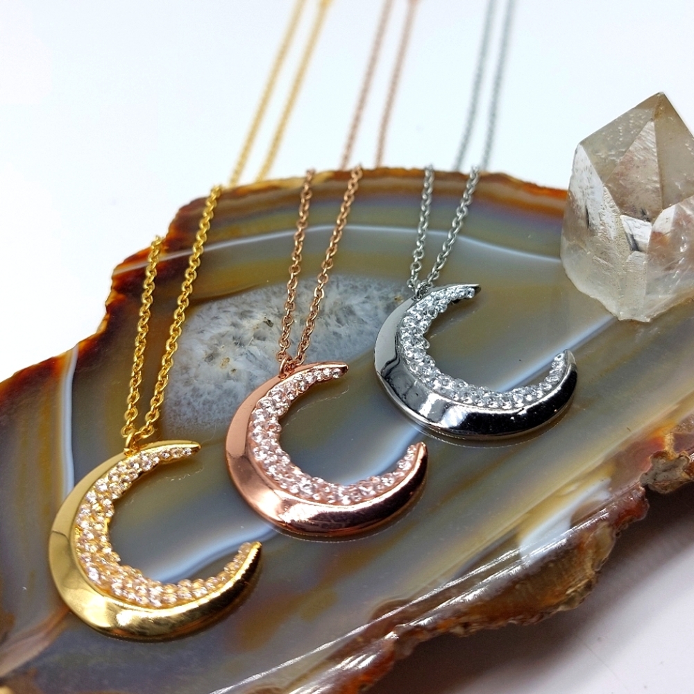Crescent Moon Crystal Necklace Stainless Steel